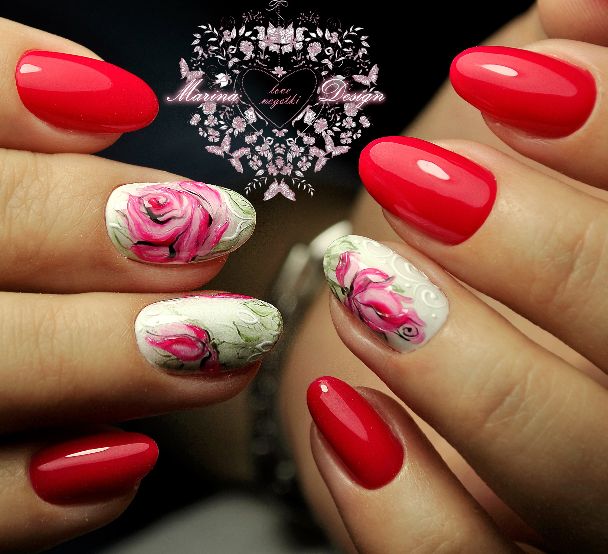 Ногти маникюр дизайн март. Розовый маникюр с розами. Красный весенний маникюр. Ногти с цветочками. Красивый маникюр с цветами.